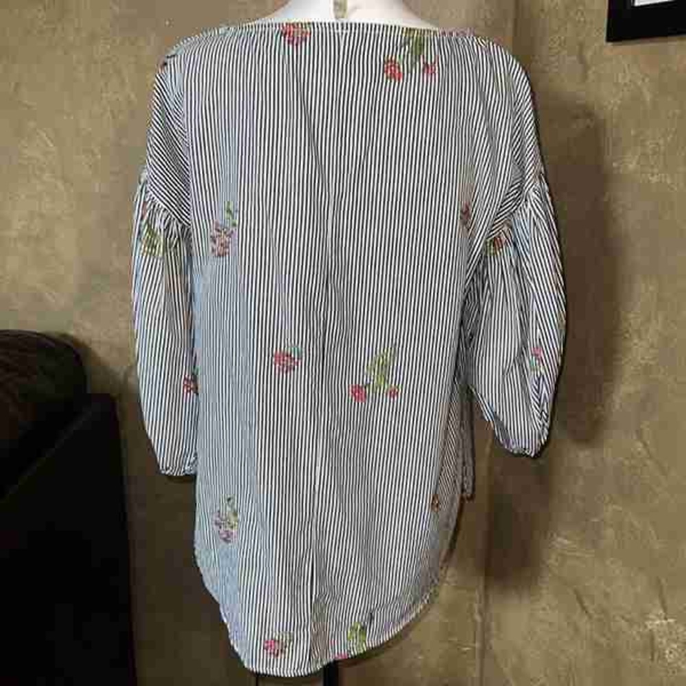 Striped Boatneck Blouse with Pink Floral Embroidery - Black & White - Picture 2 of 2